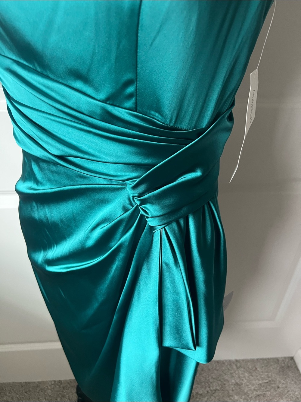 Maggy London Teal Satin Draped Midi Dress - Picture 6 of 15